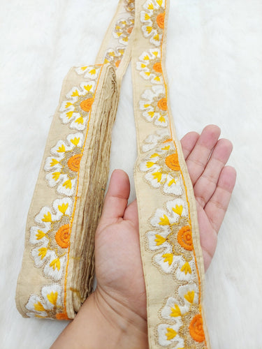 Beige Art Silk Lace Trim in Floral Embroidery, Decorative Trim, Trim By 3 Yards